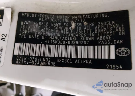 2011 Toyota Avalon Limited from USA, damaged, VIN 4T1BK3DB7BU390702